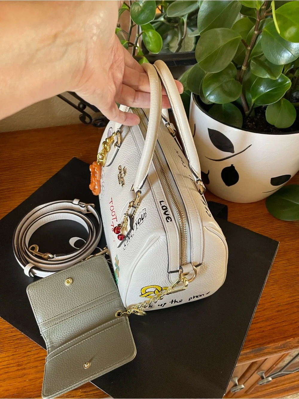 Coach Rowan Satchel Bag in Sketch Print with Charms & Cardholder